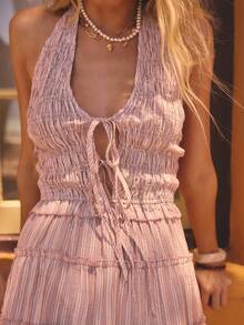 Aralina Lightweight Textured Fabric Halter Neck Smocked Bodice Tiered Skirt Flowy Silhouette Cute Summer Outfits Women Vacation Outfits Spring Dresses For Women Dress - Multicolor - View 4