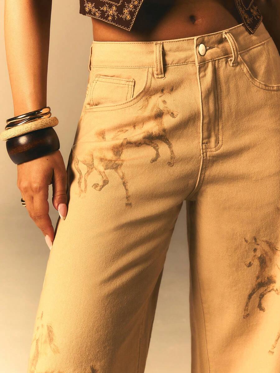 Athîral Denim 女士阔腿牛仔裤,马年限定款,马印花牛仔裤,春季宽松刀型阔腿裤,打造休闲街头风(四季必备单品),日常休闲穿搭,适合通勤,休闲裤,低腰休闲牛仔裤,夏季,暑假 - 彩色 - 查看 1