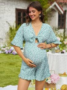SHEIN Maternity Casual Ditsy Floral Romper - Green - View 4