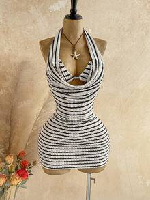 Soleia Vestido mini sexy de mujer con cuello en pico, halter y rayas - Multicolor - Ver 5
