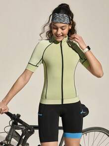 Exploreva Maillot de ciclismo para mujer con parches, malla transpirable y contraste de colores para deportes al aire libre - Verde - Ver 1