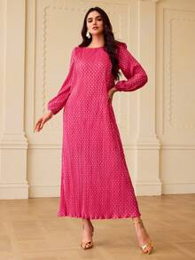 ZEYLAH 女士波点印花灯笼袖圆领优雅连衣裙 - 玫紅色 - 查看 3