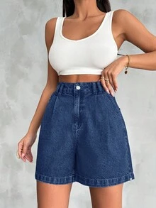 EURMUSE 100%纯棉高腰钢笔细节复古水洗 - 寶藍色 - 查看 6