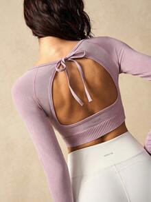 VARSIVA 女士时尚简约露背系带长袖运动T恤 - 粉色 - 查看 1