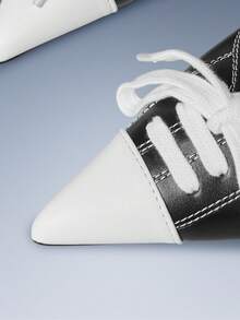 CUCCOO GRLICON Black & White Pointed Toe Lace-Up Decor Backless Kitten Heel Pumps, 2000's Style, Y2K Fashion, Suitable For Spring, Summer, Vacation - black and white color matching - View 3