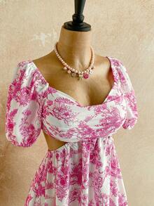 Soleia Women's Romantic Floral Print Puff Sleeve Draped Neck Backless Tie Waist A-Line Mini Princess Dress For Vacation Floral Dress Flower Dress Pink Floral Dress Cottagecore Dress Kawaii Dress Orchid Dress Vintage Clothes - Multicolor - View 7