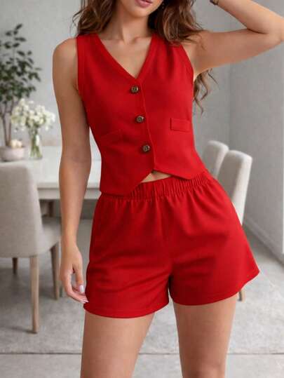 Conjunto 2 Piezas Casual para Dama. Short y Chaleco con Botones Frontales.  Primavera - Verano