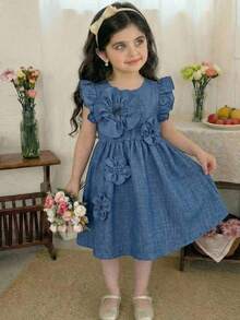 Young Girl Blue Fashionable Sleeveless Round Neck 5-Petal 3D Flower Collar Droplet Dress - Blue - View 13