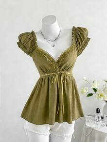 Elamini 复古V领性感蕾丝拼接蝴蝶结军绿色纯色新款百搭时尚夏季女式衬衫 - 軍綠色 - 查看 5