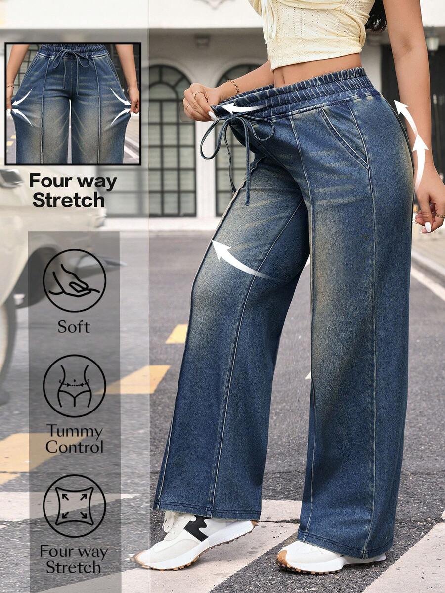 Flexra 女士抽绳腰阔腿宽松休闲百搭牛仔裤 - 藍色 - 查看 1