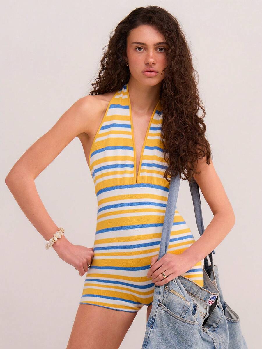 Athîral 女士条纹深V领性感吊带针织连体衣 - 彩色 - 查看 1