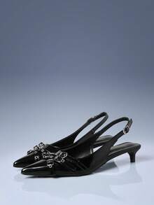 CUCCOO GRLICON Burgundy Patent Leather Pointed Multi-Buckle Strap Design Empty Kitten And Women's High Heels - Black - View 1