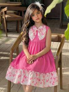 SHEIN DRMZ Tween Girls' Big Bowknot Patchwork Print Vacation Dress,Kids - Pink - View 2
