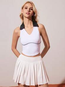 Gameset SHEIN Sport 女士运动Polo衫，撞色Polo领，撞色条纹拼接后背，适合休闲穿着、跑步、瑜伽、健身、网球、高尔夫等运动。 - 白色 - 查看 3