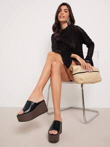 SHUZIA Sandal đế xuồng cao, kiểu dáng tối giản dành cho nữ, một quai. - màu đen - Xem 6