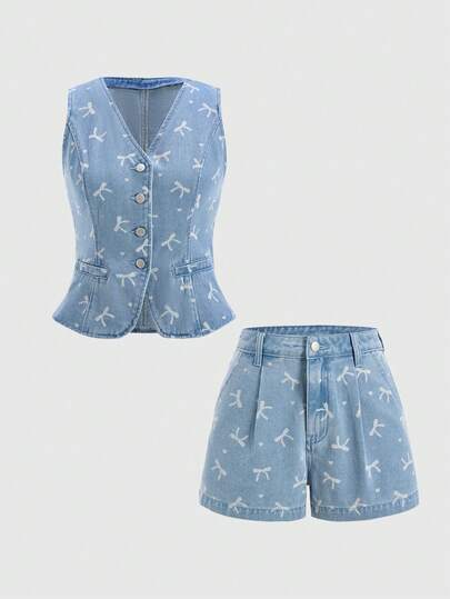 SHEIN MOD Women's V-Neck Sleeveless Front Button Bow Tie Dye Denim Summer Fashion Suit Light Blue Denim Vest And Shorts Two-Piece Set For Women Casual V Neck Sleeveless Top With Bow Print Women Summer 2 Pieces Sets  Summer Holiday Outfits Spring Outfit Elegant Party Set For Women  Graduation Set Vacation Outfits For Women Casual Sets For Women