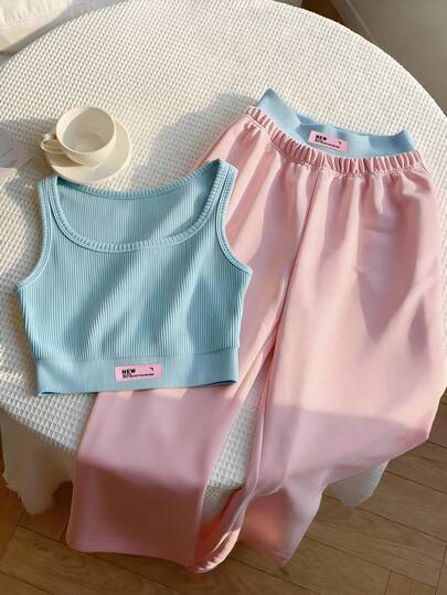 Set de 2 piezas con top decorativo con bordado de letras y pantalón ancho de chándal para niñas, estilo deportivo y casual, adecuado para vacaciones de verano, deportes y reuniones casuales