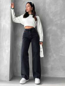EURMUSE 100%Cotton High Waist Straight Leg Jeans - Dark Grey - View 4