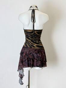 Jeanoix Retro Y2K Sexy Daring Avant-Garde Grunge Teenage Music Festival Casual Vacation Date Street Gathering Tiger Floral Print Halter Sleeveless Bodycon Ruched Mini Dress, Spring/Summer/Autumn - Multicolor - View 2