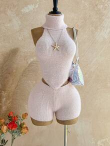 Soleia 两件套女士高领纯色毛衣背心套装 - 粉色 - 查看 4