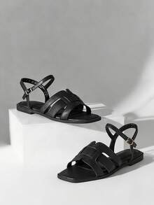 SHUZIA Sandal đế bằng kiểu dáng thường ngày, thoải mái, có quai chéo, dành cho nữ. - màu đen - Xem 5