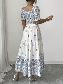 Elenzga Vestido de línea A con cintura ceñida, cuello cuadrado y estampado, elegante para vacaciones, uso diario, de manga corta - Multicolor - Ver 2