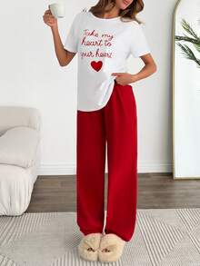 EURMUSE 100%纯棉女士白色撞色字母圆领短袖睡衣T恤+纯色长款睡裤柔软舒适休闲家居睡衣套装 - 紅白色 - 查看 5