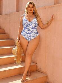 Swim Chiccia Plus Size Women's Floral Print Spaghetti Strap Ruffled Front One-Piece Swimsuit, Suitable For Beach/Resort - Multicolor - View 7