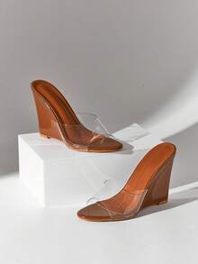 SHUZIA 女士透明坡跟穆勒鞋，时尚露趾凉鞋 - 米色 - 查看 7