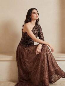 Anewsta Vestido asimétrico elegante y de moda con encaje y cuentas en contraste, adecuado para fiestas, banquetes, festivales y otras ocasiones - Café integral - Ver 3