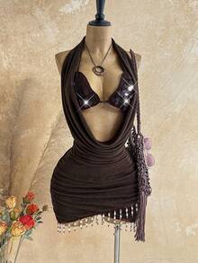 Soleia Spring/Summer New Casual Vacation Western Beach Wedding Guest Attire Graduation Brunch St. Patrick's Day Spring Break Easter Music Festival Elegant Bohemian Tropical Sexy Backless Halter Tassel Mini Dress For Women - Brown - View 1