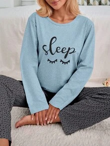 EURMUSE 100% Cotton 2Pcs Eye&Heart Printed PJ Set - Baby Blue - View 3