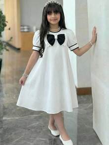 SHEIN Tween Girl Elegant Gorgeous Cute Colorblock Puff Sleeve A-Line Dress, Suitable For Parties, Gatherings And Outings Girls Matching Dresses Twin Girl Dresses - Black and White - View 13