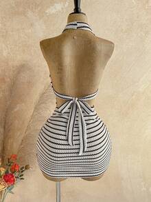 Soleia Vestido mini sexy de mujer con cuello en pico, halter y rayas - Multicolor - Ver 2