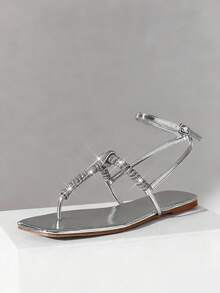 SHUZIA Women's Minimalist Elegant Lace-Up Strappy Flat Thong Sandals - Silver - View 7