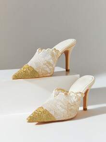 SHUZIA Women 's Romantic Chic Sexy Party Pointy Toe Lace Stiletto Mules - Apricot - View 1