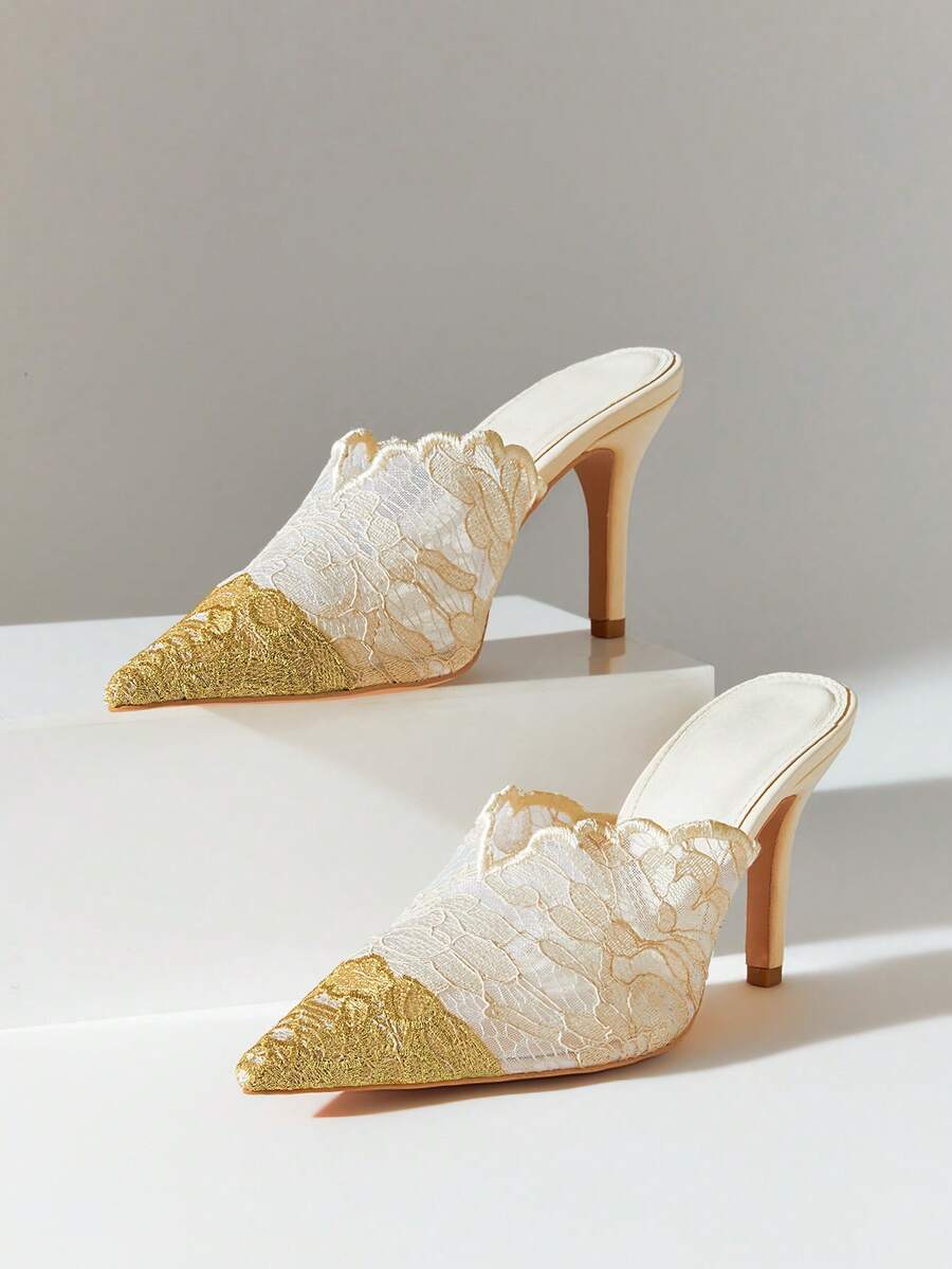 SHUZIA Women 's Romantic Chic Sexy Party Pointy Toe Lace Stiletto Mules - Apricot - View 1