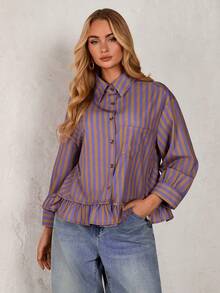 Glamine Casual Commuter Striped Ruffle Front Button Up Blouse - Multicolor - View 3