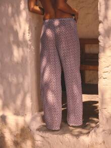 Aralina Chic Micro Dot Print Elastic Waist Relaxed Fit Wide Leg Effortless Everyday Street Style Statement Pants - Purple - View 3