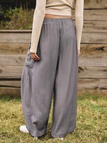 SHEIN Unity Damen Hose mit elastischem Bund, Kordelzug, weitem Bein und großen Taschen, ideal für Frühling und Herbst - Grau - Übersicht 2