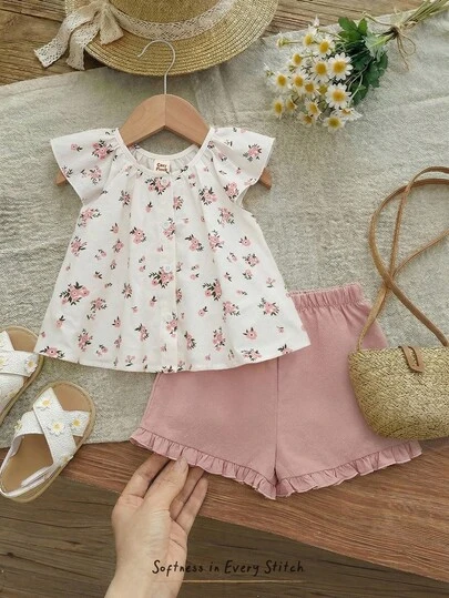 Cozy Pixies Baby Girl Floral Print Short Sleeve Cardigan Shirt And Solid Color Elastic Waist Shorts 2-Piece Set