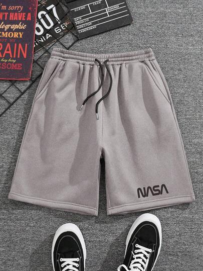 RueChic Men's Tie Front Pocket Letter Print Casual Shorts, Suitable For Holiday