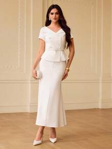 ZEYLAH Women's Elegant Decorative Waist Belt Regular Jacket - Beige - View 4