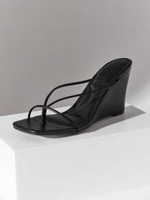 SHUZIA Women's Square Toe Thong Straps Wedge Slip-On Sandals - Black - View 7