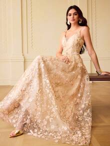 ZEYLAH Women's Elegant Embroidered Long Dress - Champagne - View 6