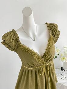 Elamini 复古V领性感蕾丝拼接蝴蝶结军绿色纯色新款百搭时尚夏季女式衬衫 - 軍綠色 - 查看 6