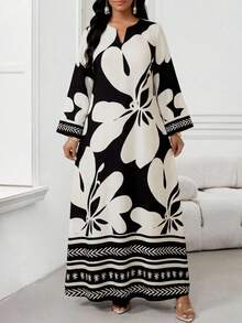 SHEIN Lady Vestido holgado de manga larga con cuello en V y estampado floral, estilo vacacional para mujer - Blanco y Negro - Ver 6
