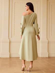 ZEYLAH Romantic Asymmetrical Shoulder Midi Dress For Women - Green - View 3