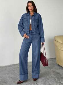 EURMUSE Dark Washed Denim Cropped Jacket And Straight Fit Jean Set - Medium Wash - View 5