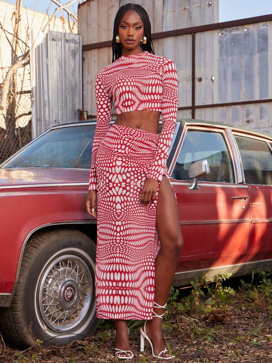 NYA SZN Matching Set Top Skirt Long Sleeve Maxi Length Split Hem Polka Dot Fitted Easter St. Patricks Day Brunch Casual Festival Concert Everyday Going Out Party Special Occasion Travel Vacation Office Siren Western Country Date Night Elegant Luxury Outfits For Women - Red and White - View 1